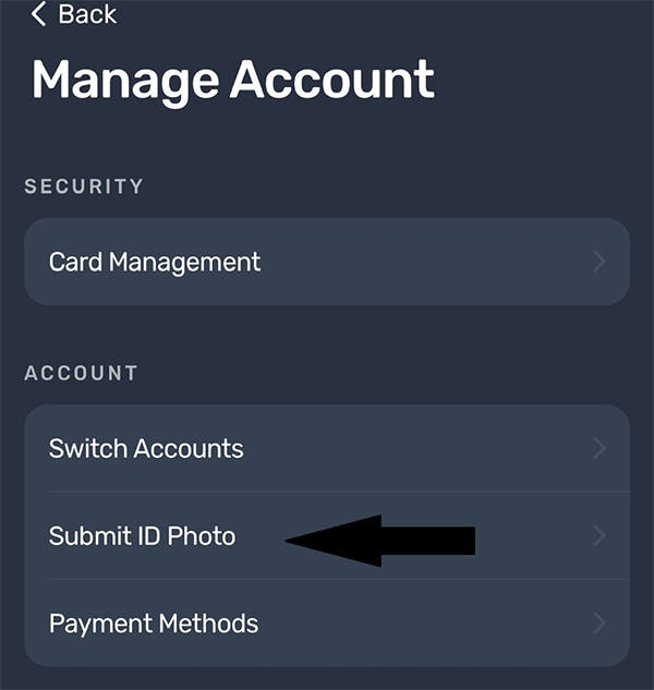 Manage account area of phone application